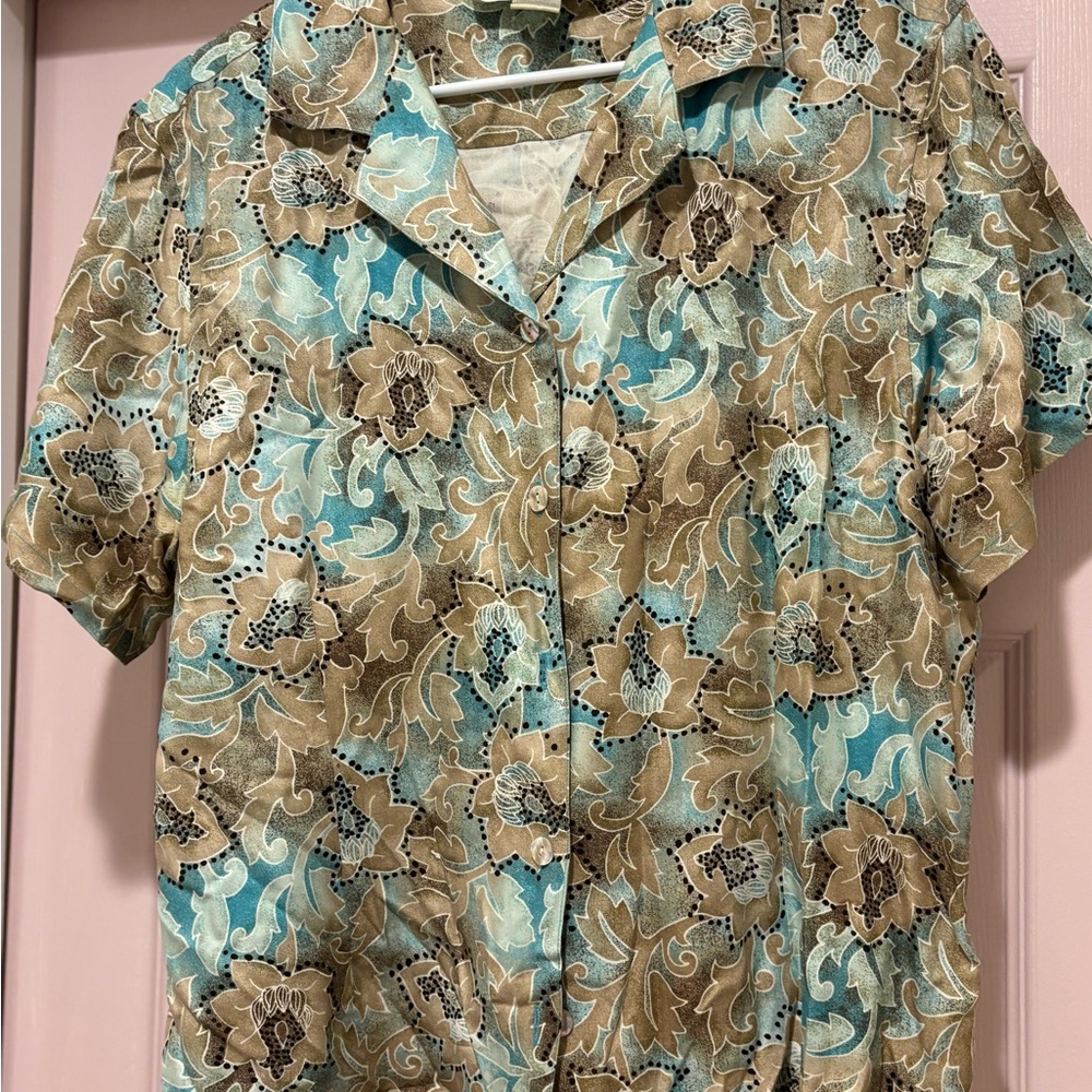 Floral Button Down Shirt - Turquoise and Beige